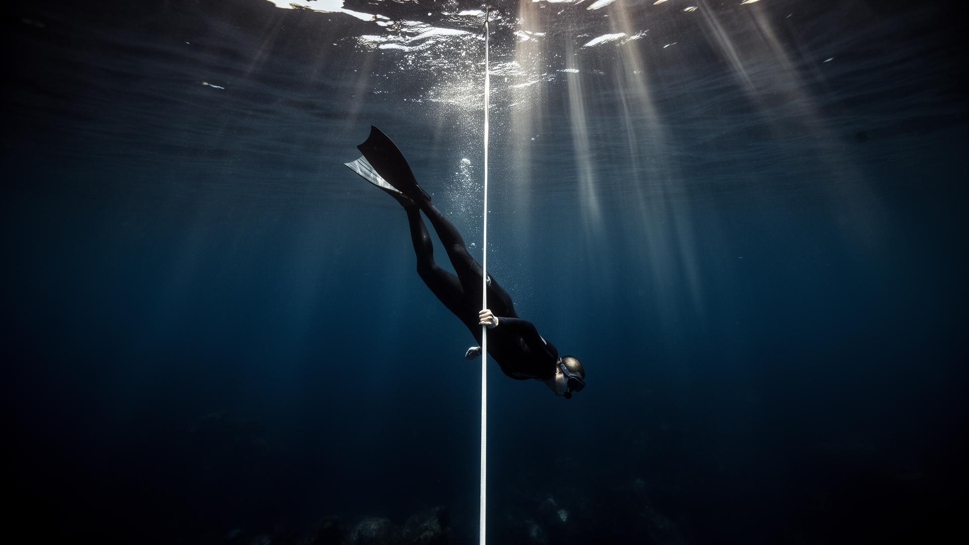 Freediver descending a vertical line into the deep blue Red Sea